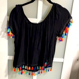 Off shoulder sheer crepe black crop top w fringe